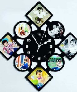Custom Wooden Photo Wall Clock Frame With 8 Photos